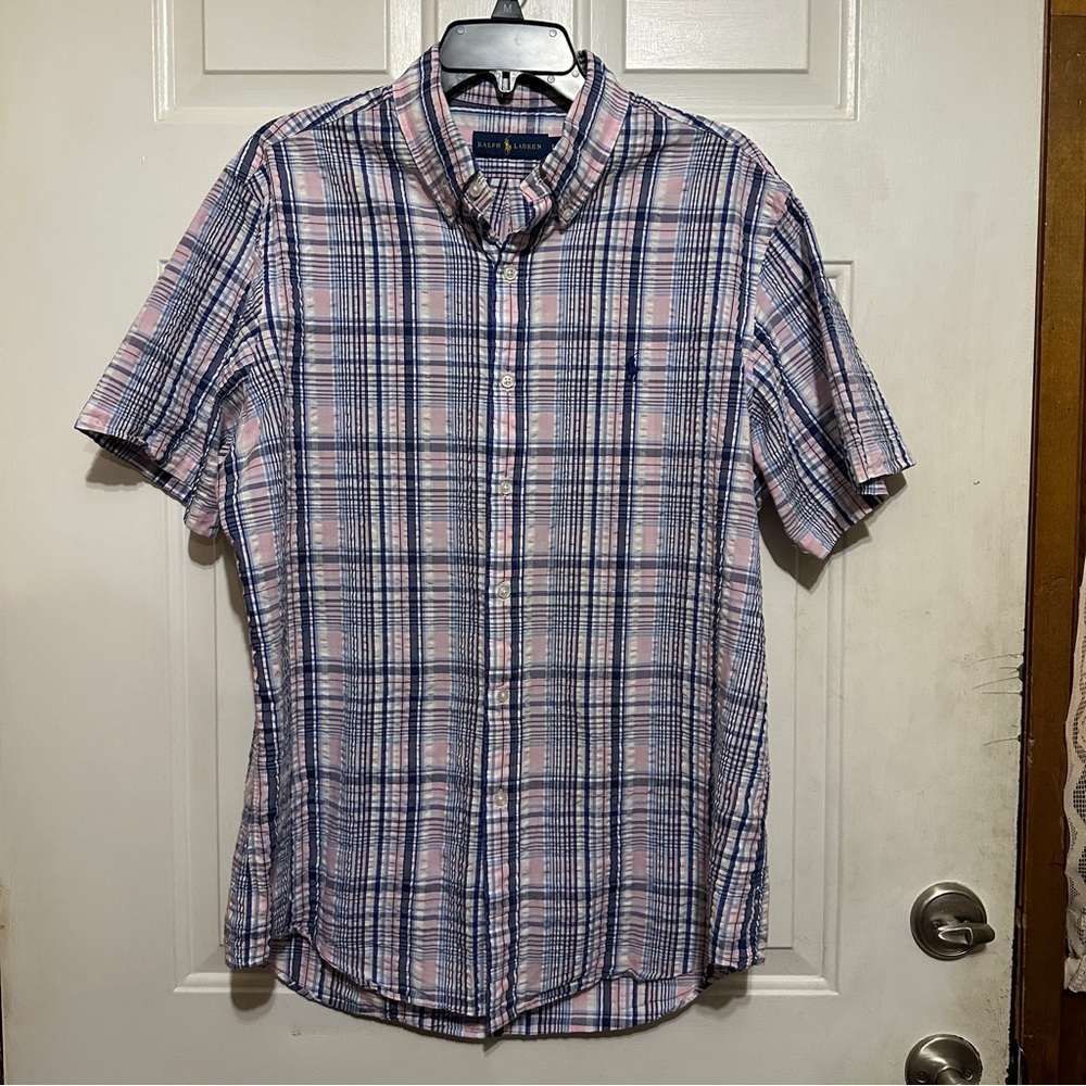 Ralph Lauren Pink & Blue Plaid Seersucker Slim Fit Short Sleeve Button Up Large